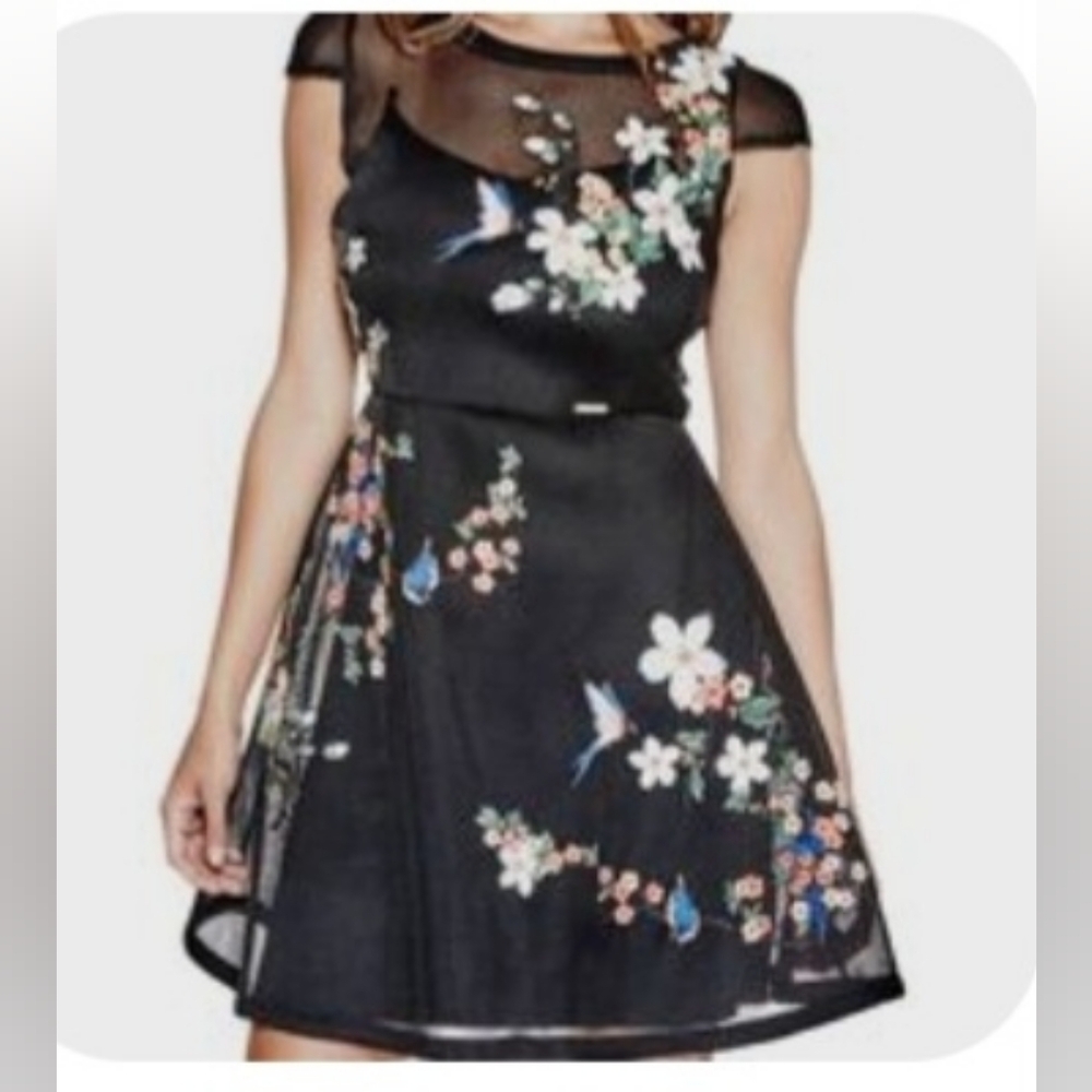 Guess Lyana Mesh Dress Women's Size XS Black Floral Embroidered Fit & Flare - Picture 2 of 8